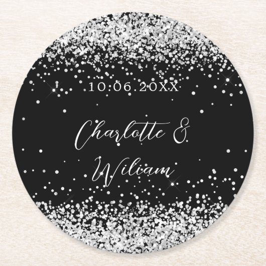 Schwarz-Silber-Glitzer-Hochzeit Runder Pappuntersetzer (Vorderseite)