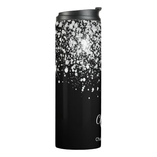 Schwarz-Silber-Glitzer-Monogramm-Name-Funkeln Thermosbecher (Nach links gedreht)