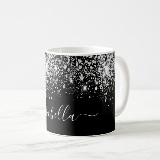 Schwarz-Silber-Glitzer-Namensschild Kaffeetasse (VorderseiteRechts)