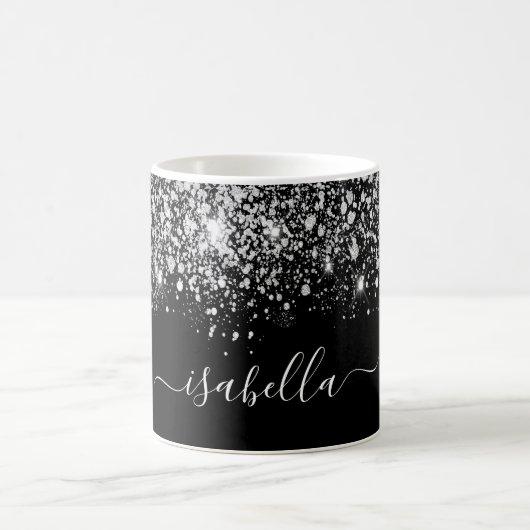 Schwarz-Silber-Glitzer-Namensschild Kaffeetasse (Mittel)