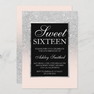 Schwarz-Silber-Glitzer rosa eleganter Sweet 16 Einladung