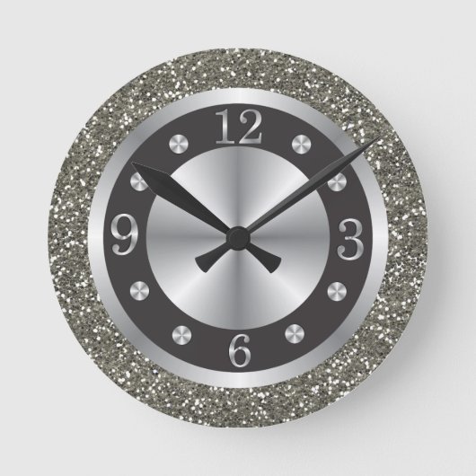 Schwarz-Silber-Glitzer Runde Wanduhr (Vorderseite)