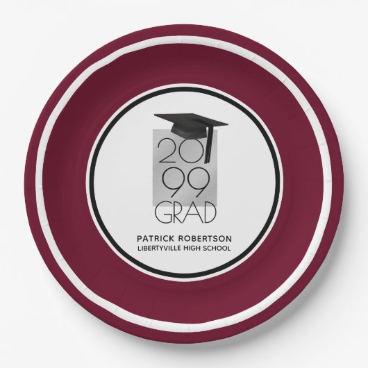 Schwarz & Silber GRAD | Editable Maroon | Abschlus Pappteller (Vorderseite)