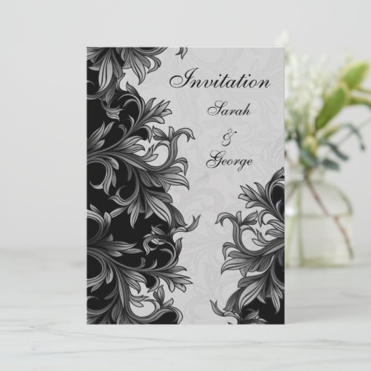 Schwarz-Silber-Grau-Blüh Einladung (Stehend Vorderseite)