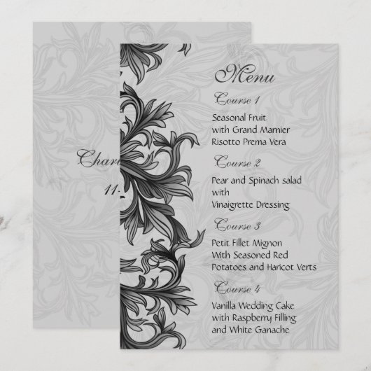 Schwarz-Silber-Grau-Blüh Menükarte (Vorne/Hinten)