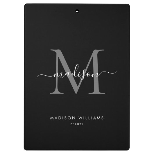 Schwarz-Silber-Grau-Monogram-Eleganter Skriptname Klemmbrett (Rückseite)