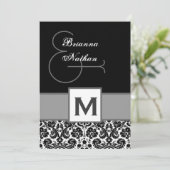 Schwarz-Silber-Grau-Monogramm-Damask-Vorlage Einladung (Stehend Vorderseite)