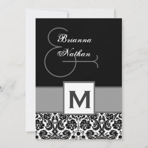 Schwarz-Silber-Grau-Monogramm-Damask-Vorlage Einladung