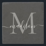 Schwarz-Silber-Grau-Monogramm-Femininskriptname Steinuntersetzer<br><div class="desc">Eleganter,  moderner Schwarz-Silber-Slate-Gray Monogram Feminine Script Name Stone Untersetzer</div>