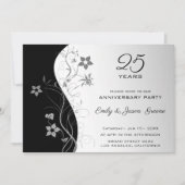 Schwarz-Silber-Hintergrund Graue Blume Einladung (Vorderseite)