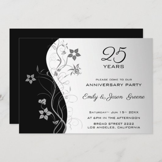 Schwarz-Silber-Hintergrund Graue Blume Einladung (Vorne/Hinten)
