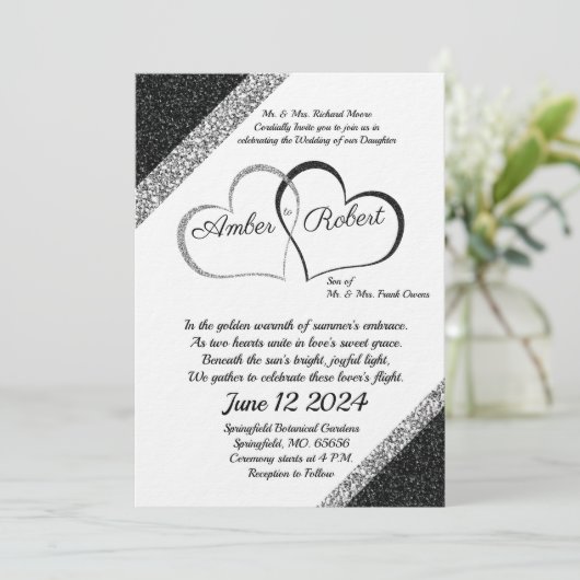 Schwarz-Silber-Hochzeit-Einladung mit Herzgedicht Einladung (Stehend Vorderseite)