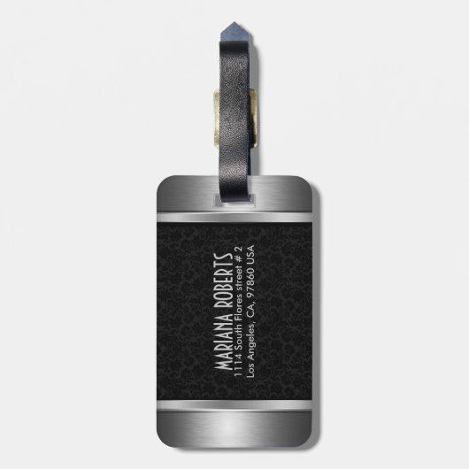 Schwarz-Silber-Metallfloral-Damasken, Monogramm 2b Gepäckanhänger (Rückseite vertikal)