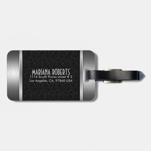 Schwarz-Silber-Metallfloral-Damasken, Monogramm 2b Gepäckanhänger (Rückseite horizontal)