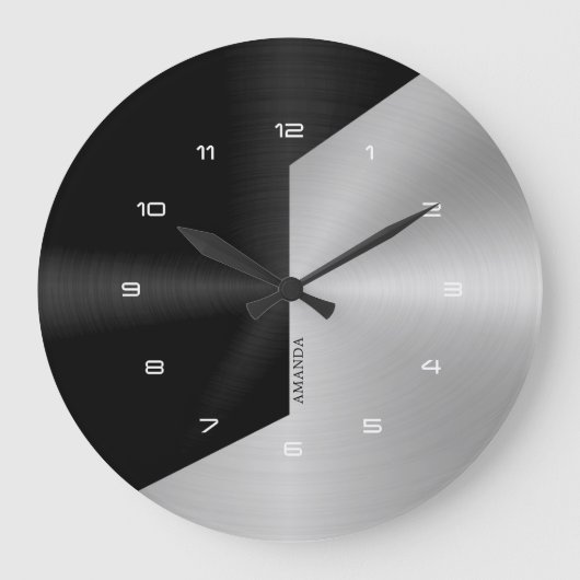 Schwarz & Silber Modernes geometrisches Design 2 Große Wanduhr (Vorderseite)