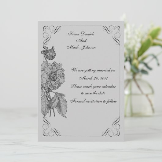 Schwarz-Silber-Peony Floral Hochzeit speichern das Einladung (Stehend Vorderseite)