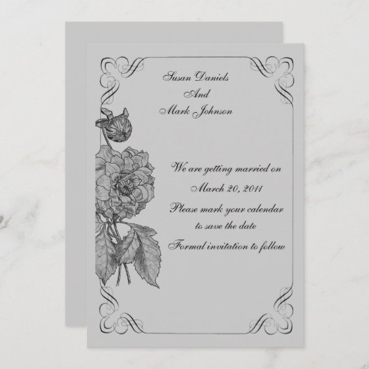 Schwarz-Silber-Peony Floral Hochzeit speichern das Einladung (Vorne/Hinten)