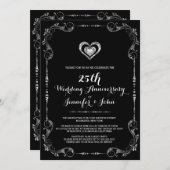 Schwarz & Silber Rahmen, Herzsilber Jahr Einladung (Vorne/Hinten)