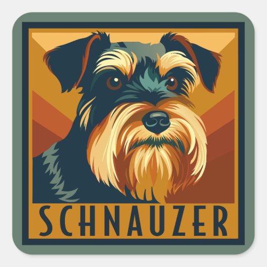 Schwarz-Silber-Schnauzer-Retro-Portrait Quadratischer Aufkleber (Vorderseite)