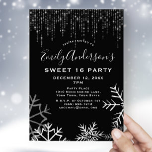 Schwarz Silber Schneeeislampen Winter Sweet 16 Einladung