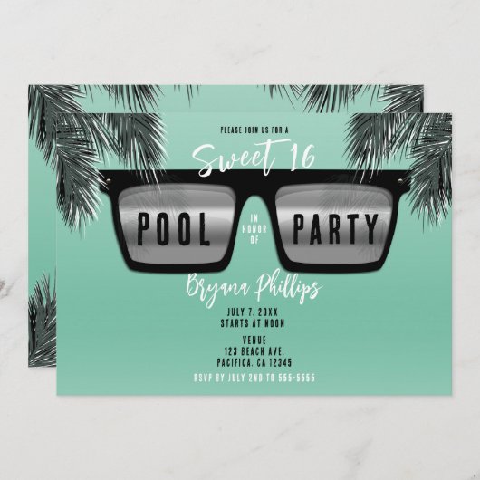 Schwarz & Silber Sonnenbrille Aquamarin Sweet 16 P Einladung (Vorne/Hinten)