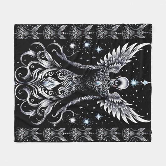 Schwarz-Silber-Tattoo-Engel Fleecedecke (Vorderseite (Horizontal))