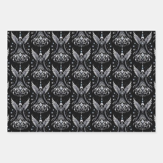 Schwarz-Silber-Tattoo-Engel Geschenkpapier Set (Vorderseite)