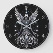 Schwarz-Silber-Tattoo-Engel Große Wanduhr (Vorderseite)