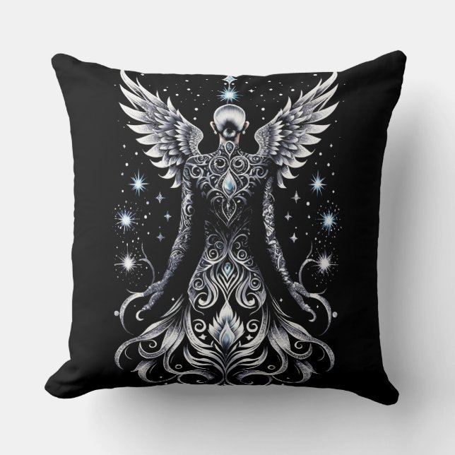 Schwarz-Silber-Tattoo-Engel Kissen (Vorderseite)