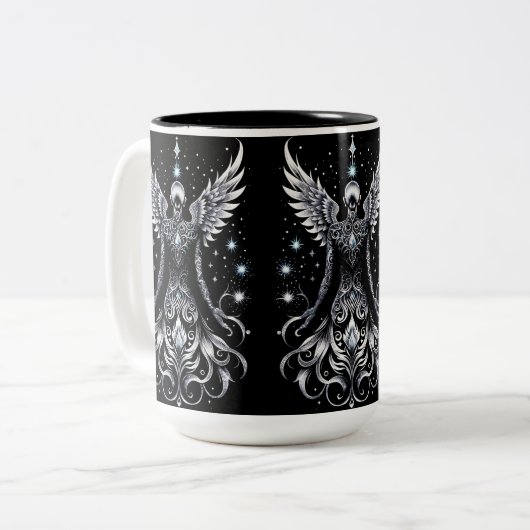 Schwarz-Silber-Tattoo-Engel Zweifarbige Tasse (Vorderseite Links)