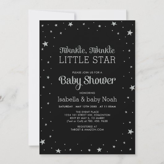 Schwarz & Silber | Twinkle Little Star Baby Dusche Einladung (Vorderseite)