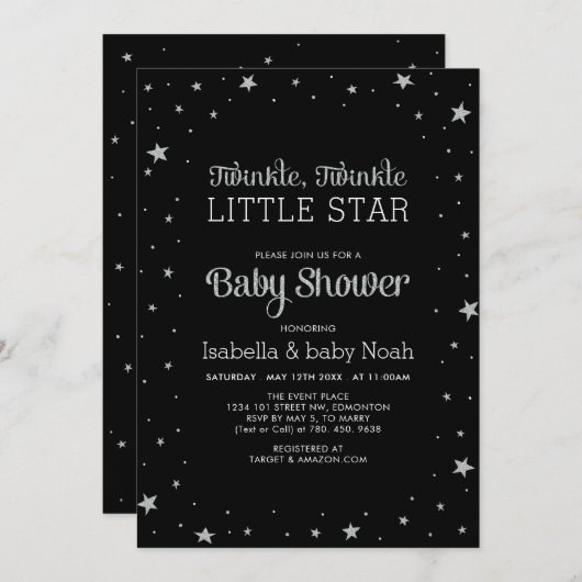 Schwarz & Silber | Twinkle Little Star Baby Dusche Einladung (Vorne/Hinten)