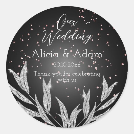 Schwarz, Silber und Rose Gold Glitzer Hochzeit Runder Aufkleber (Vorderseite)