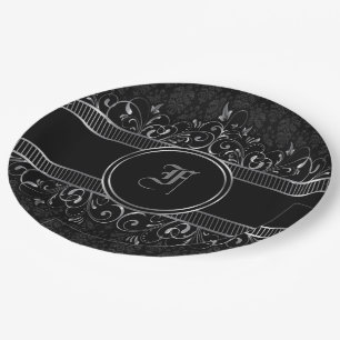 Schwarz & Silber Verziert Gotik Mit Monogramm Pappteller