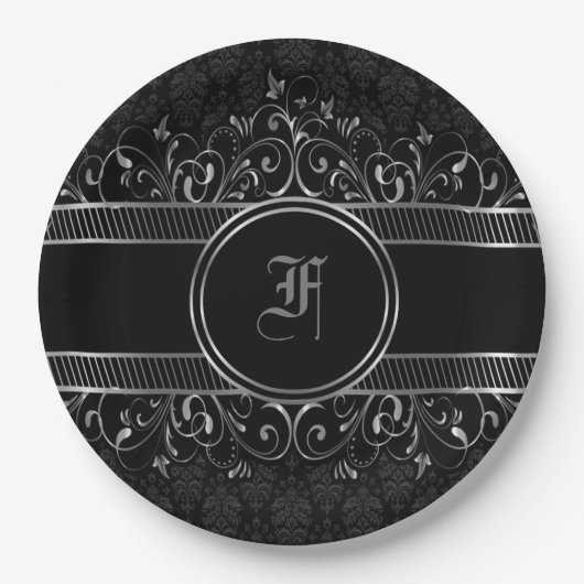 Schwarz & Silber Verziert Gotik Mit Monogramm Pappteller (Vorderseite)