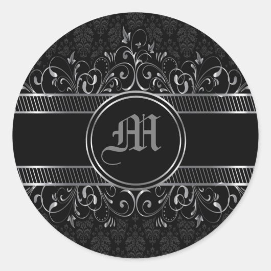 Schwarz & Silber Verziert Gotik Mit Monogramm Runder Aufkleber (Vorderseite)