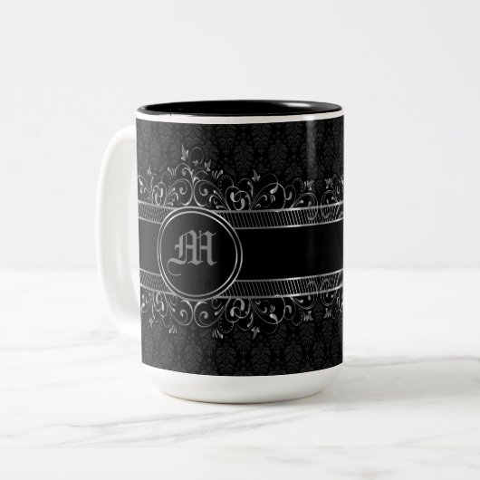 Schwarz & Silber Verziert Gotik Mit Monogramm Zweifarbige Tasse (Vorderseite Links)