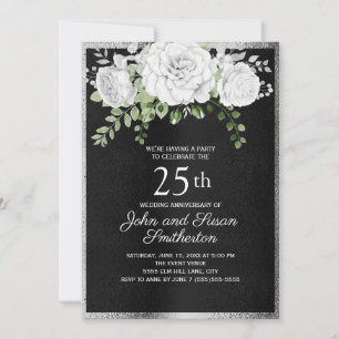 Schwarz Silber Weiß Blumen 25. Hochzeitstag Einladung