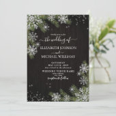 Schwarz-Silber Winter Greenery Foto Hochzeit Einladung (Stehend Vorderseite)