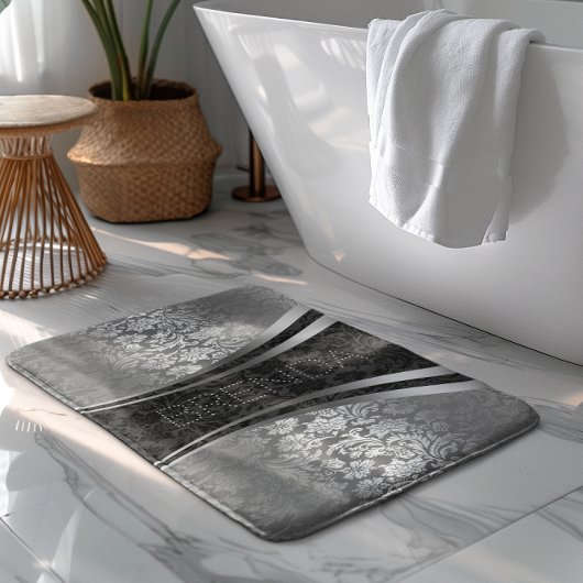 Schwarz-Silbergrau-Damaskus-Muster Badematte