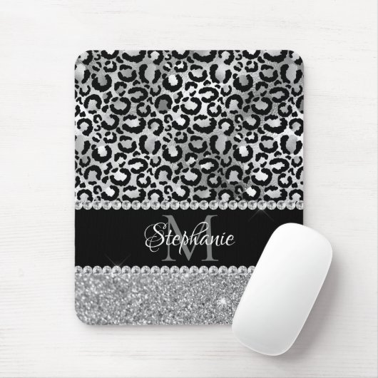 Schwarz-Silberleopard-Girly-Glam-Monogramm Mousepad (Mit Mouse)