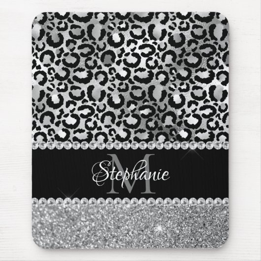 Schwarz-Silberleopard-Girly-Glam-Monogramm Mousepad (Vorne)