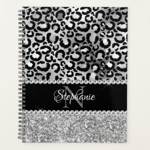 Schwarz-Silberleopard-Girly-Glam-Monogramm Planer