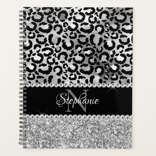 Schwarz-Silberleopard-Girly-Glam-Monogramm Planer (Vorderseite)