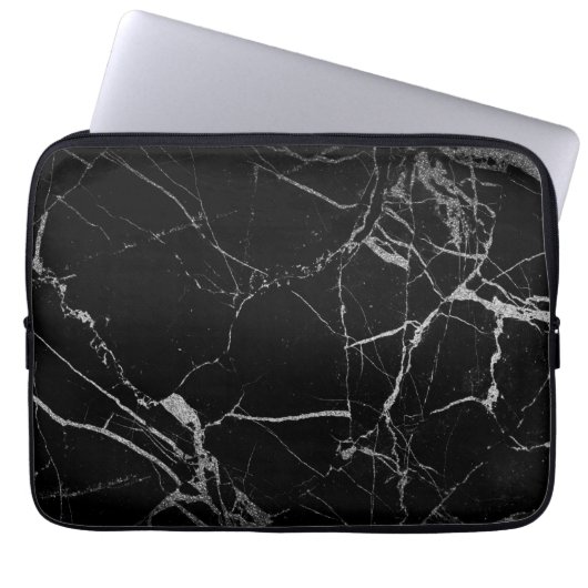 Schwarz-silberne Marmorader Laptopschutzhülle (Vorderseite)