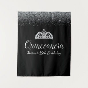 Schwarz-silberner Glitter Quinceanera-Party-Hint Wandteppich