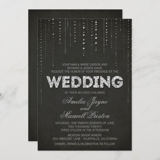 Schwarz & Silberner Glitzer Einladung Hochzeitsfei (Vorne/Hinten)
