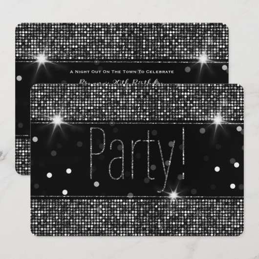 Schwarz & Silberner Glitzer Party Lights Einladung (Vorne/Hinten)