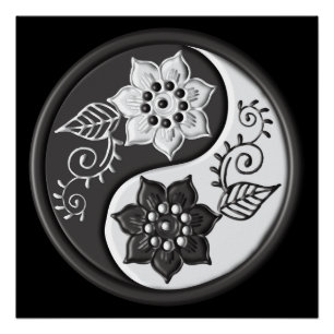 Schwarz-silbernes florales Yin Yang Poster