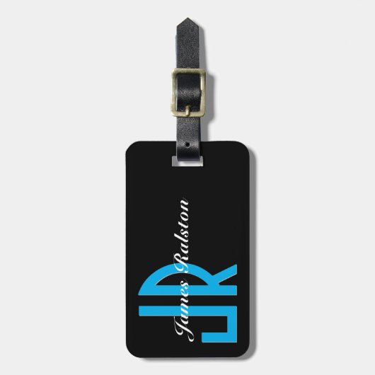 Schwarz, Sky Blue Monogram, personalisieren Gepäckanhänger (Vorderseite vertikal)